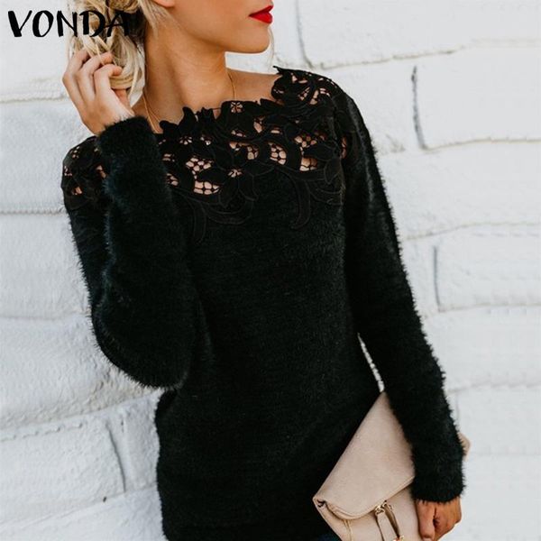 

vonda plus size autumn knitwear women sweaters black lace hollow out long sleeve pullover sweater ladies o neck jumper, White;black