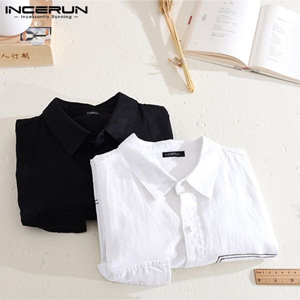 

men 2019 literary button down cotton shirts seven-quarter sleeve lapel collar korean style blouse incerun brand mens camisa 5xl, White;black