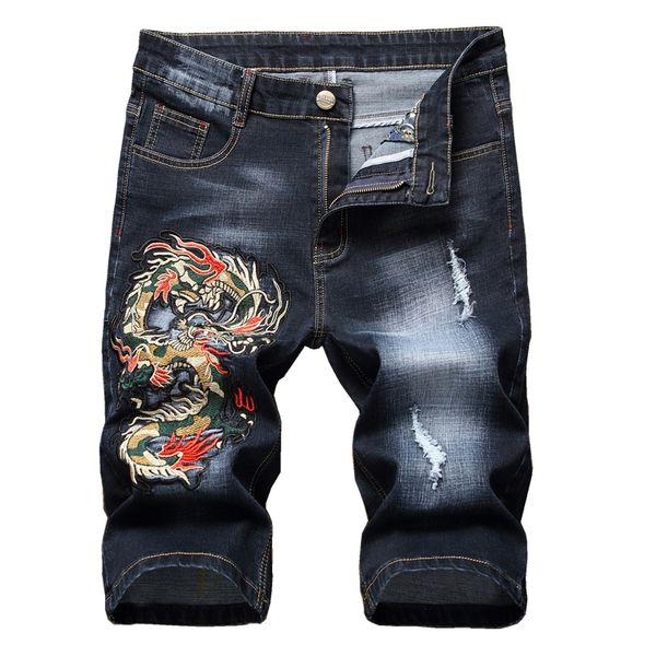 

2019 new mens embroidery slim ripped hole badge jeans shorts black knee length high stretch denim thin comfort short jeans, Blue