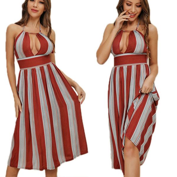 

womens halterneck backless tunic dress stripe casual summer holiday midi dresses, Black;gray