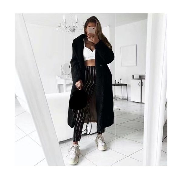 

autumn winter solid turn-down collar long coat women 2019 vintage plus size faux fur jackets casual loose coats, Black
