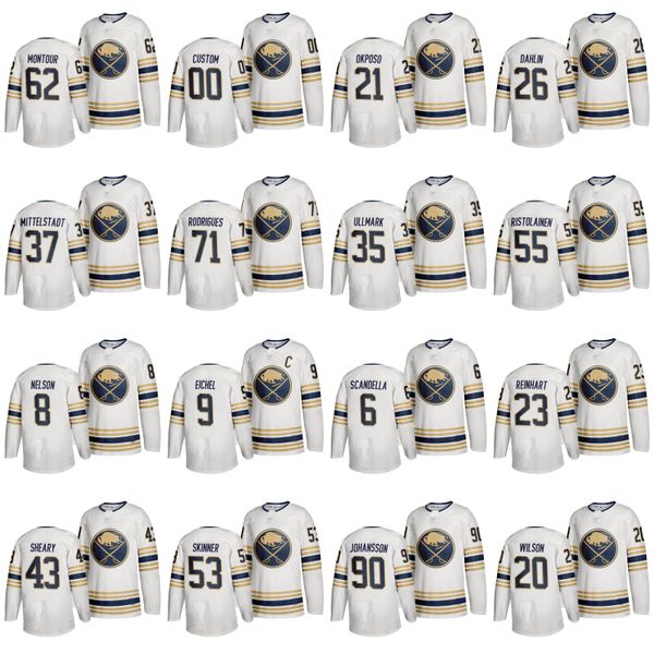 

buffalo sabres 50th anniversary jersey #53 jeff skinner 37 casey mittelstadt 9 jack eichel 35 linus ullmark sam reinhart conor sheary hockey, Black;red