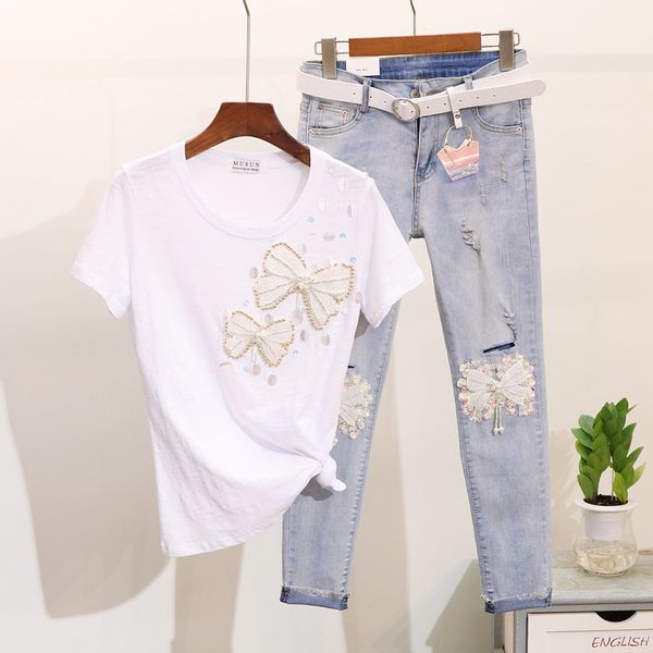 

spring new fashion bead sequined butterfly short sleeve cotton t-shirt + broken jeans two piece women's denim pants sets female, White