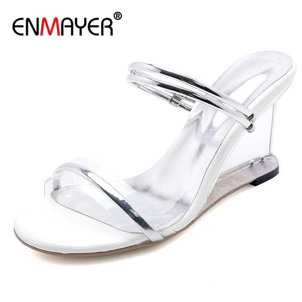 

enmayer 2020 fashion summer outside women shoes solid round toe narrow band wedges high heels women slippers size 34-39, Black