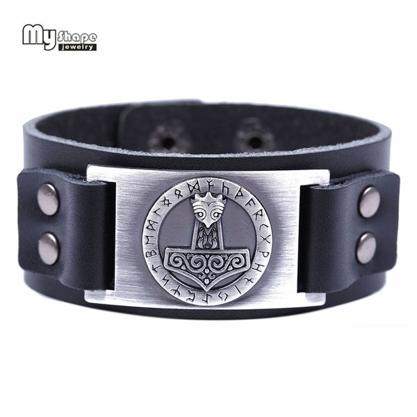 

my shape genuine leather thor hammer viking bracelets bangles holy patron 24 nordic runes amulet button snap slavic bracelet men, Black