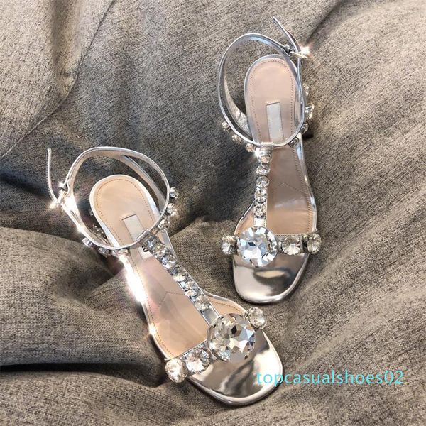 

summer crystal women sandals 2019 silver buckle strap ladies shoes t strap shoes woman de mujer t02, Black