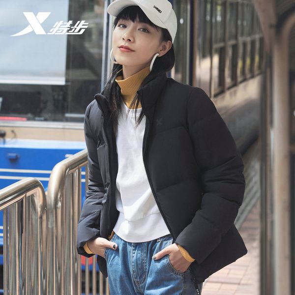 

xtep women pure color down jacket autumn winter fashion stand collar warm windproof down coat winter female parka 881428199232, Blue;black