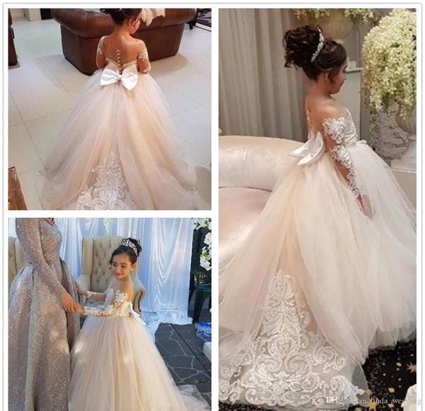 2019 Princesa Barato Adorável Bonito Tulle Applique Flor Menina Vestidos Daughter Criança Mangas Compridas Bonitos Crianças Primeira Comunhão Santamente Vestido