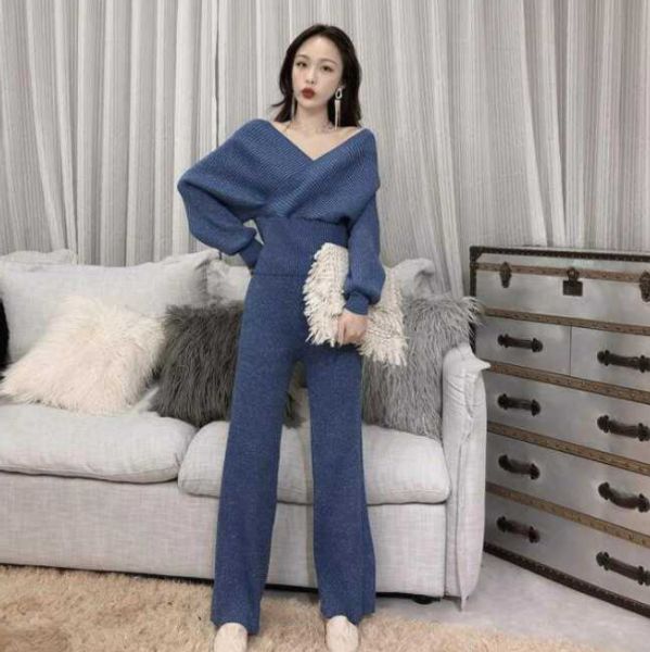 

women v neck knitted cardigans +pants 2 pieces sets clothing sets casual knit tracksuits aq155, White