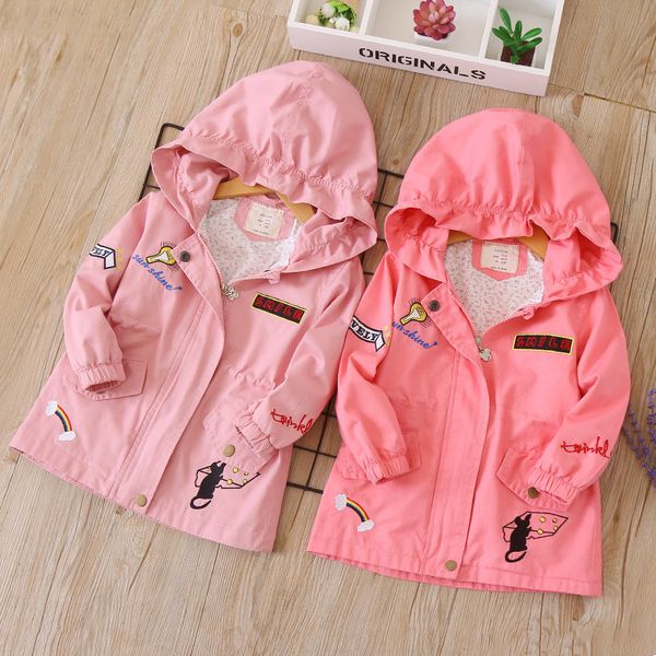 

девушки куртка шинель мода верхняя одежда для девушки детей весна 2018 осени нового письма радуги вышивки с капюшоном девочек ветровки, Blue;gray