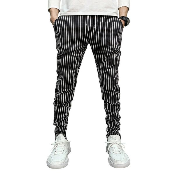 

men's casual pants ankle-length elastic strap striped jogger sports fitness sweatpants long pants, Black