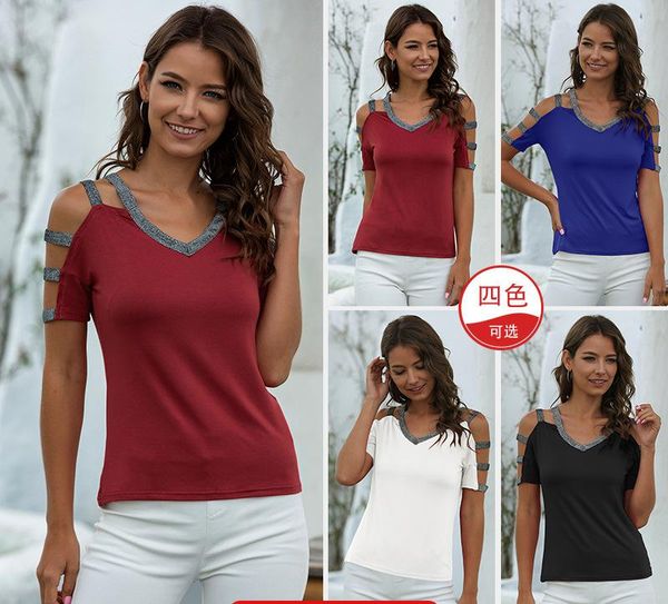 

2020 summer autumn new v-neck splicing two color hollow casual short sleeve t-shirt fashion elegant large women's harajuku, White