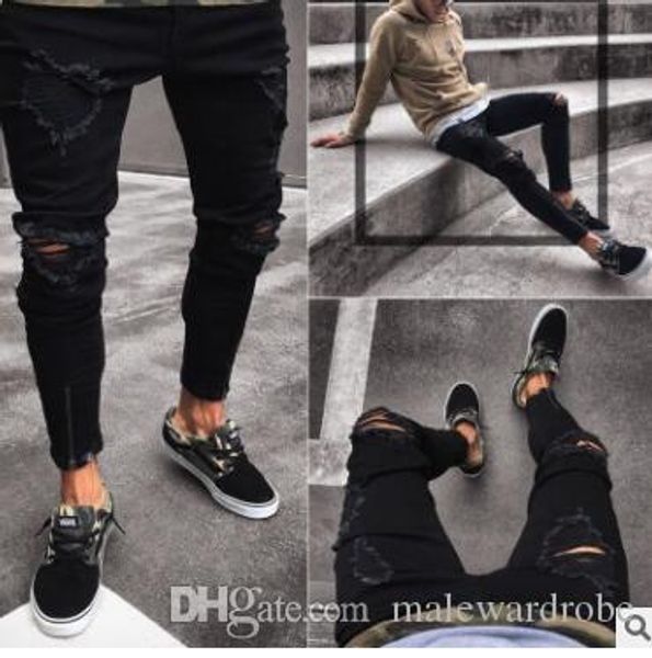 

mens black ripped hiphop jeans fashion clothing zipper designer pencil pants slim fit trousers