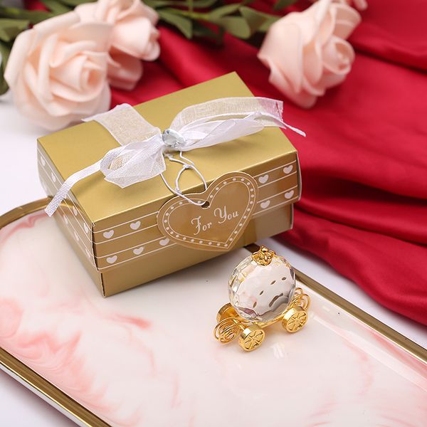 

50pcs crystal cinderella pumpkin coach in gold gift box baby shower favors crystal carriage newborn baptism gift shpping