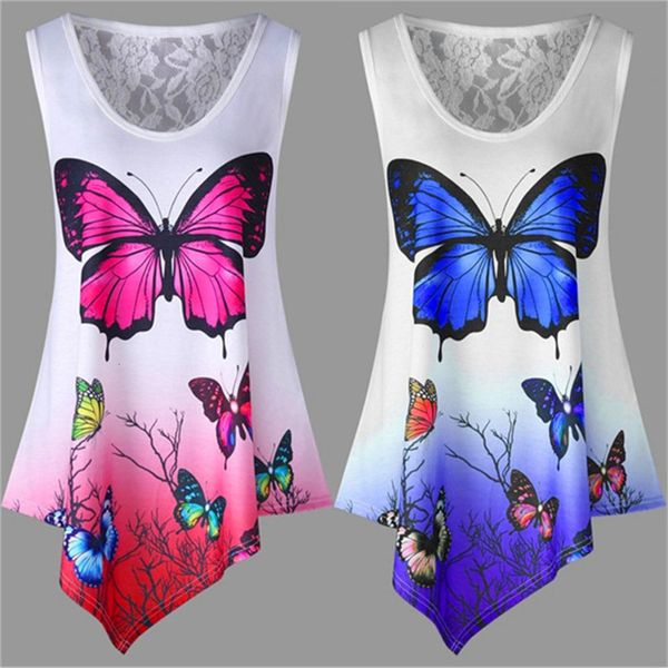 

t shirt women clothing 5xl big sizes 2019 new summer women casual sleeveless irregular butterfly print t shirt loose plus size top, White