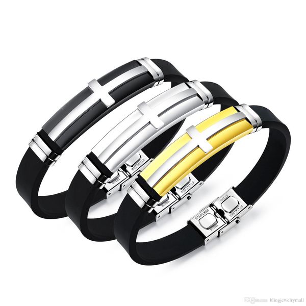 

fashion vintage men jewelry bracelets cross design silicone charm bangles for man adjustable cool crucifix wristbands ph1251, Black