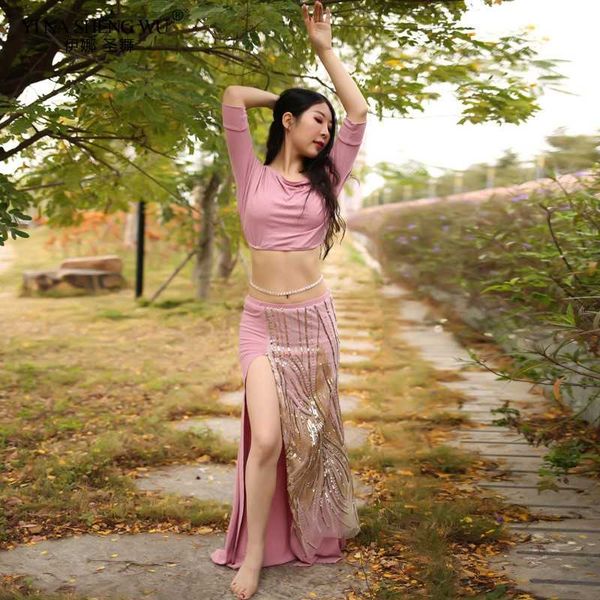 

new belly dance clothes set autumn and winter belly dance skirt split half off-shoulder sleeve skirt girl 2pcs costumes, Black;red