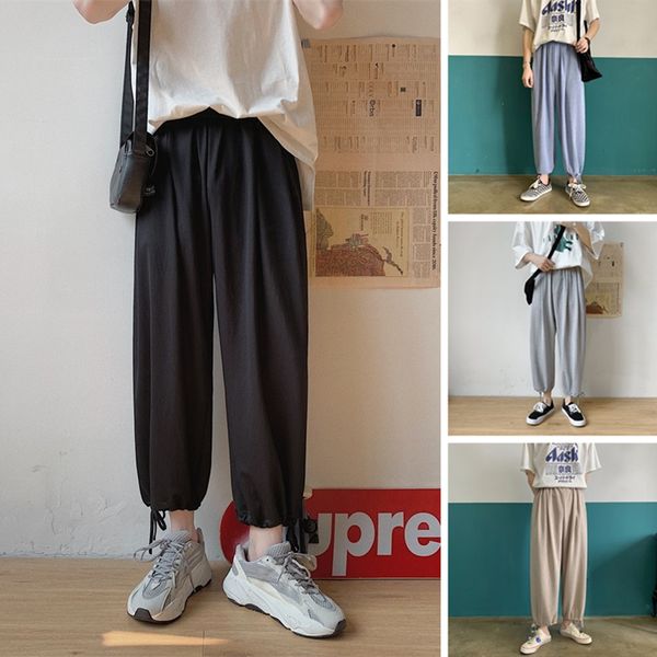 

summer drawstring casual pants men's fashion solid color straight joggers pants men streetwear wild hip hop loose trousers mens, Black