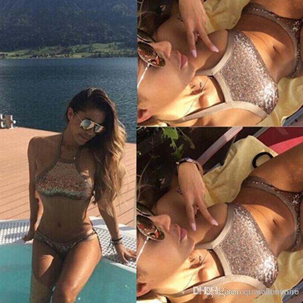 

bikini together 2019 new summer swimsuit p color halter swimsuit sequin set 2 piece swimsuit, White;black