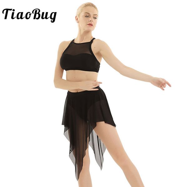 

tiaobug sleeveless criss-cross back gymnastics crop with mesh leotard skirt set women ballet dress lyrical dance costumes, Black;red