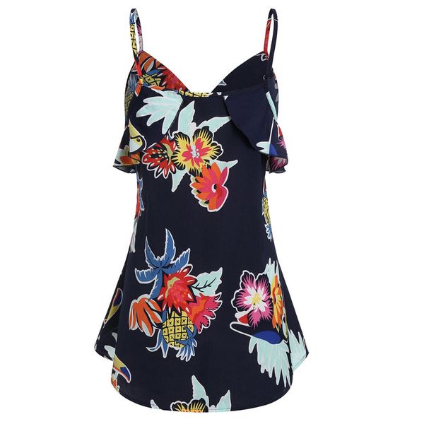 

leisure fashion women camisole floral printed v-neck botton ruffles camis sleeveless debardeur femme haut, White