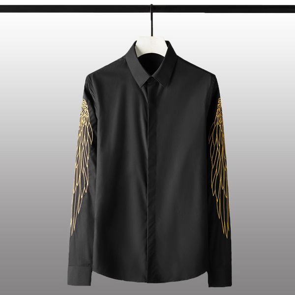 

minglu cotton mens shirts luxury golden wing 3d embroidery long sleeve mens dress shirts fashion slim male plus size 4xl, White;black