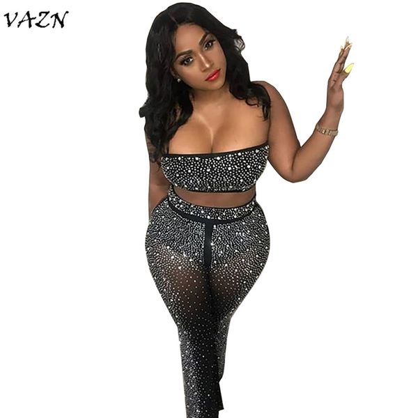 

vazn 2018 new arrive strapless jumpsuits women solid sleeveless 2-pieces jumpsuits ladies denim hollow out me139, Gray
