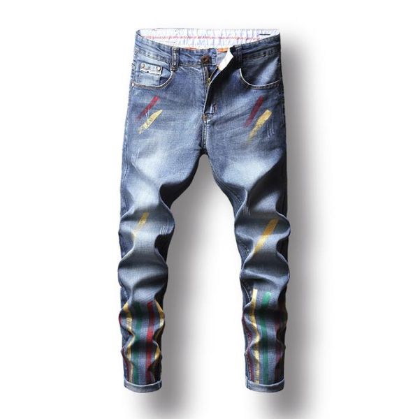 

men's oil colour paint skinny jeans coloured drawing printed design fashion cotton comfortable blue jeans hip hop pants #5509