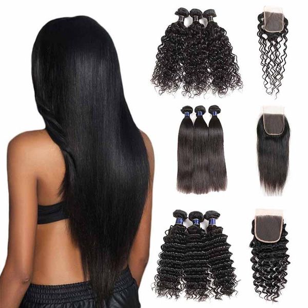 

бразильский реми прямые волосы 3 связки глубокая волна волос плетение волос с 4x4 кружева закрытие малайзии реми наращивание волос человека, Black