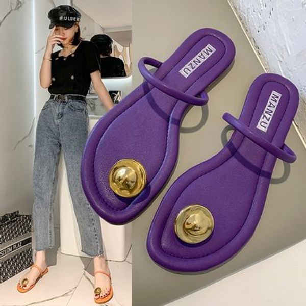 

slipper female 2020 summer new toe metal decoration fashion wear low heel, Black
