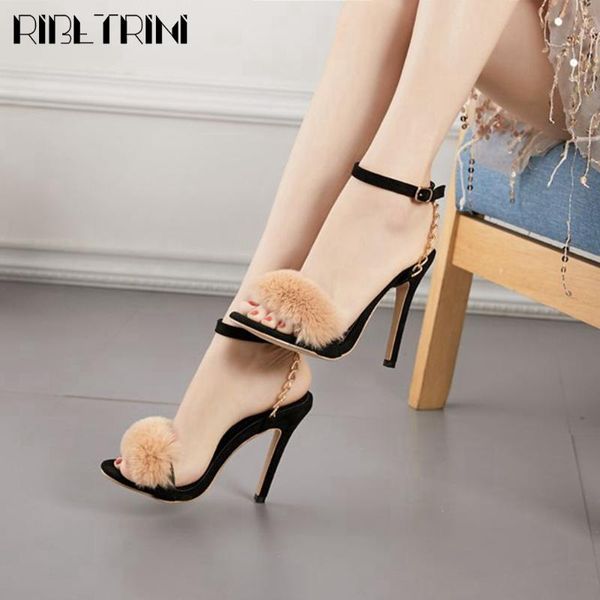 

ribetrini female open toe chain high heels solid shoes women sandals casual party dress ankle strap sandals, Black
