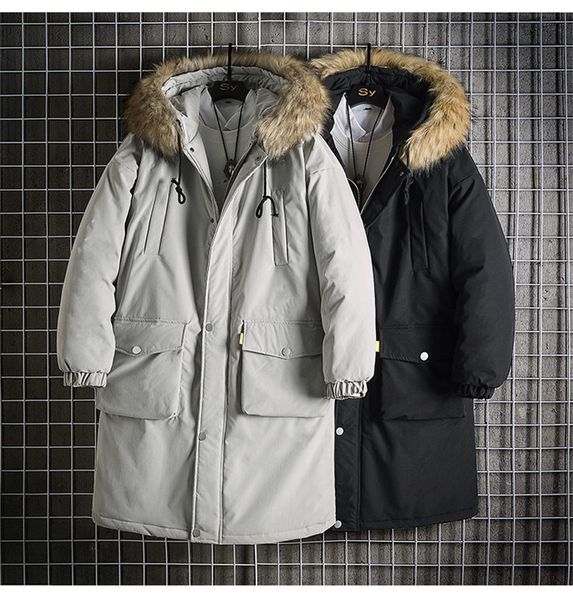 

мода мужская пуховик сплошной цвет мужчины зимние пальто теплый пуховик с капюшоном меха мужская одежда, Black