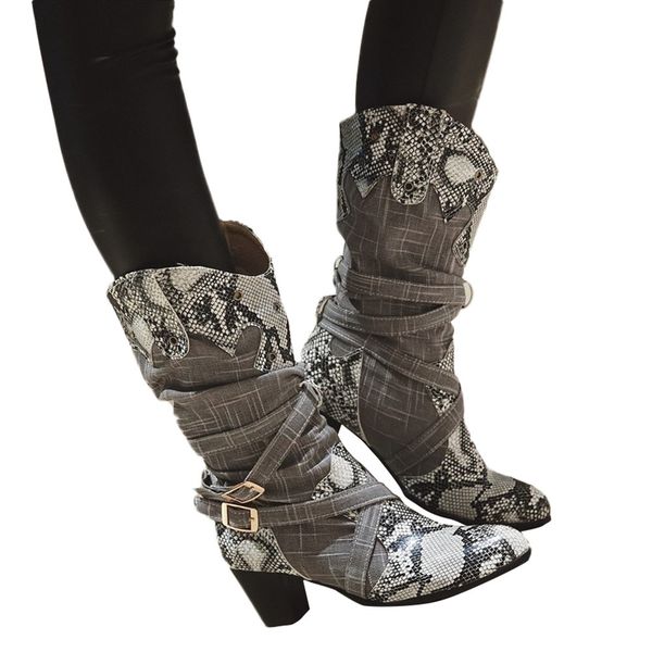

women shoes boots high heel mid-calf buckle pointed toe fashion woman boots snake high heels mid pointed toe winter shoes, Black