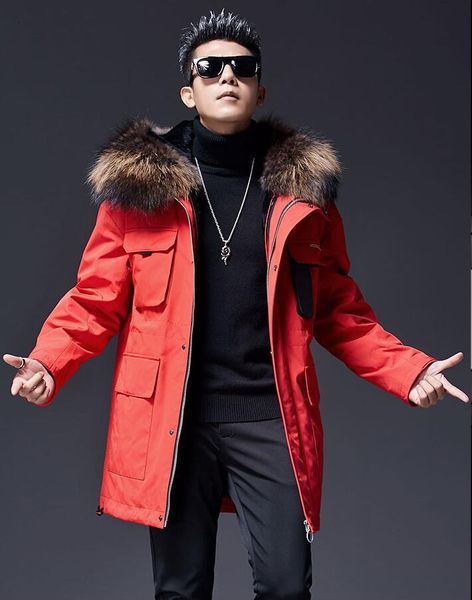 

new men's big raccoon fur collar winter parka real wool lining man's white duck down jacket male winter coats red man jackets, Black