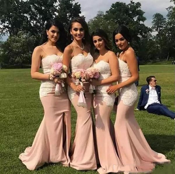 

african blush pink bridesmaid dresses garden spaghetti straps white lace appliques mermaid split wedding guest gowns maid of honor dress, White;pink