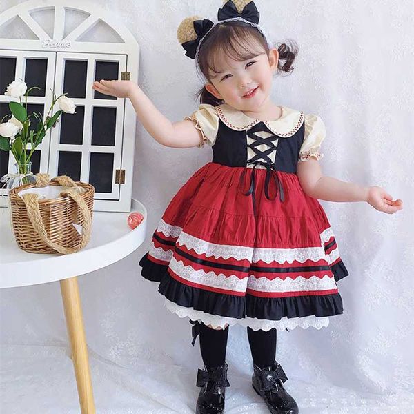 

2pcs summer vintage princess spanish lolita turkey ball gown bow short sleeves dress for baby girls peter pan collar dress 0-7y, Red;yellow