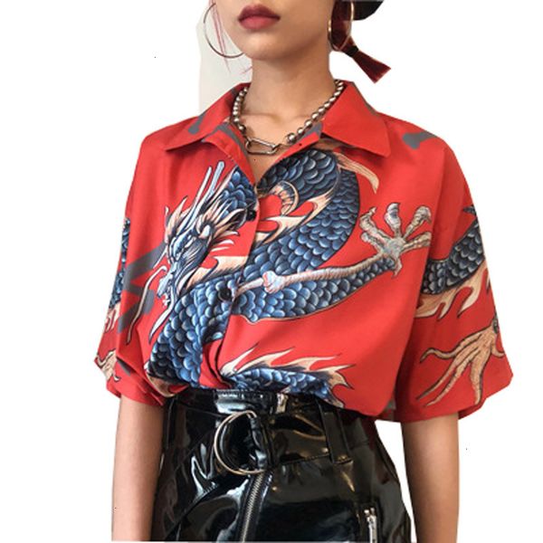 

womens blouses women blouse summer women harajuku blouse women dragon print short sleeve shirts female streetwear drop shipping, White