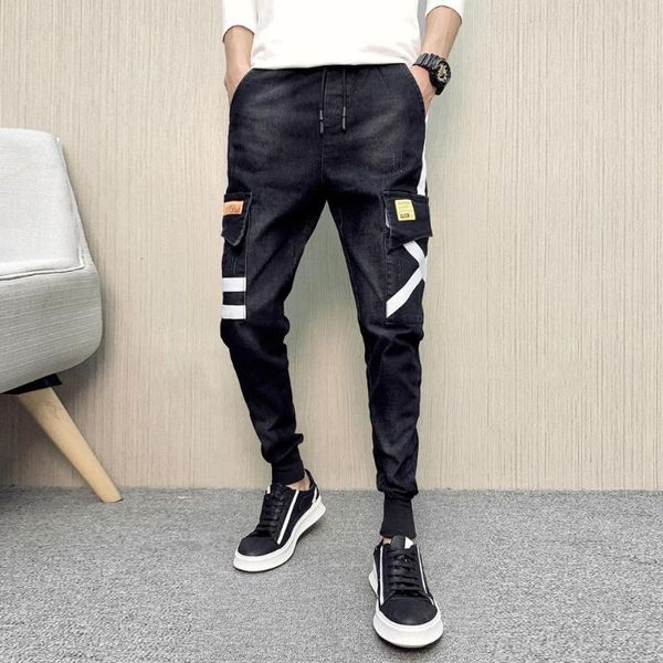 

men's jeans idopy men`s denim joggers pants korean elastic waist drawstring street style hip hop sweatpant harem for male, Blue