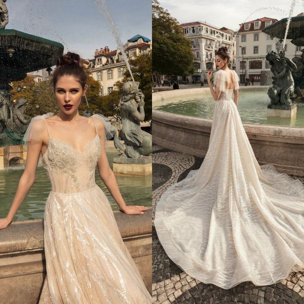 

berta 2019 champagne wedding dresses sheer spaghetti straps full lace sequins beach boho bridal gowns backless a line wedding dress, White