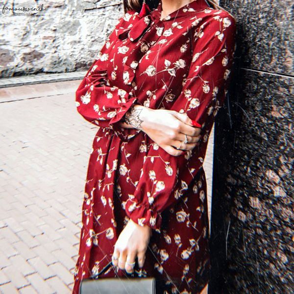 

2020 mid calf korean women chiffon dress summer vintage print elegant long sleeve floral long dress boho vestidos office empire clothing, Black;gray