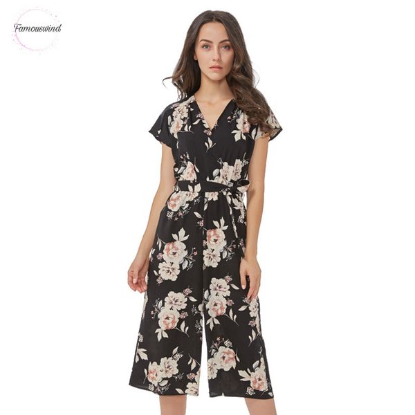 

women vintage v neck jumpsuits wide leg pants sashes pleated elastic waist playsuits summer casual rompers kz926, Black;white