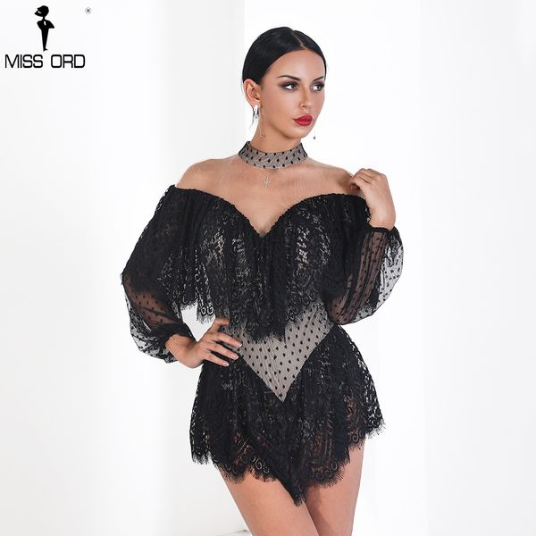 

missord 2019 v-neck off shoulder backless jumpsuit solid color lace playsuit ft18568, Black;white