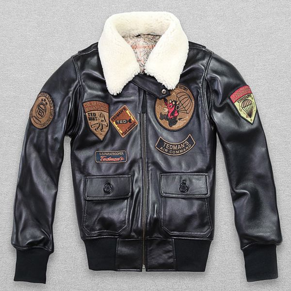 

avirex 2019 real fur collar cowskin flight jacket women bomber jacket men genuine leather coat motorcycle, Black