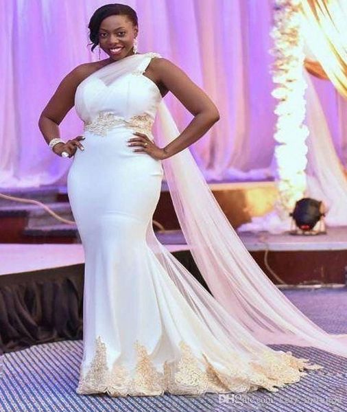 Sul africano sereia vestidos de casamento plus size um ombro vestidos de noiva champanhe rendas apliques dubai árabe vestido de casamento