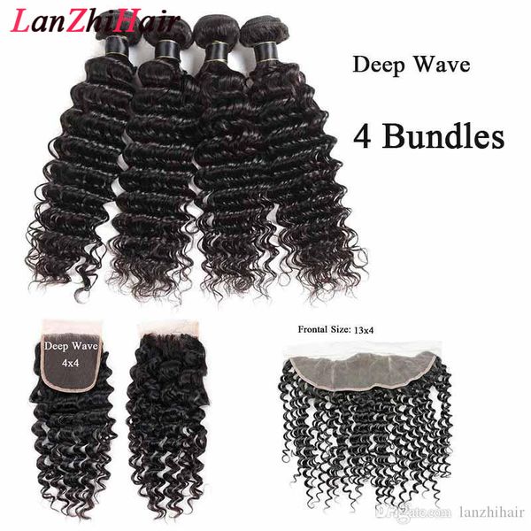 

бразильская deep wave связка с закрытием бразильских волосами соткать связки с 13x4 фронтальной remy human hair связка с закрытием или фронт, Black