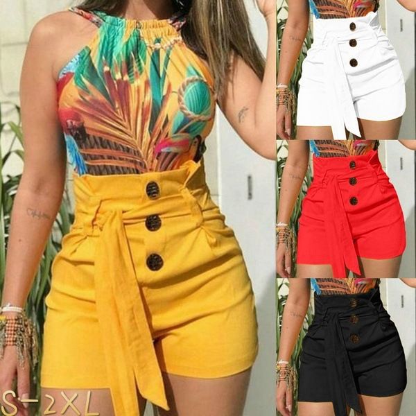 

solid color women shorts with sashes summer casual loose buttons high waist shorts fashion women shorts, White;black