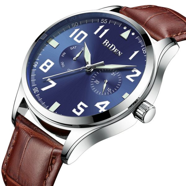 

biden man watch 2019 waterproof quartz sports watches for men genuine brown leather strap classic dress wristwatch, Slivery;brown