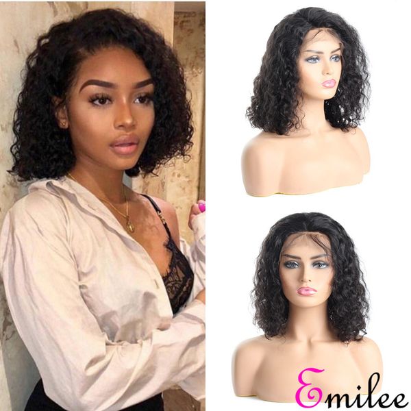 

emilee short bob curly wigs half lace curly bob wig pre plucked 150 density malaysian remy human hair wigs 14 inch, Black;brown