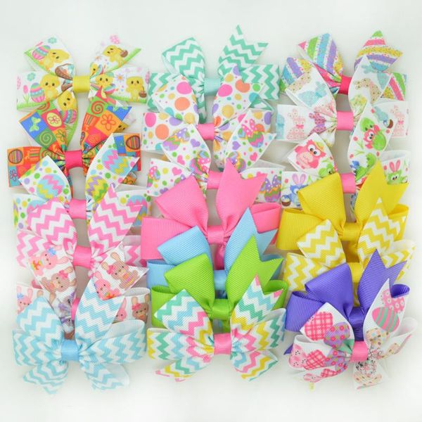 

supwrf 20pcs/lot 3.1" inch easter printed grosgrain ribbon bows clips girl's hair bow headware kids hair accessories mix, Slivery;white