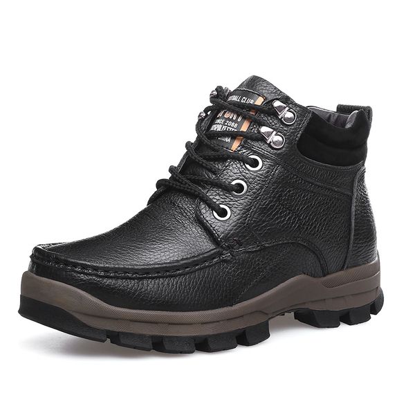 

brand genuine leather working shoes high fur men winter warm plush leisure snow boots men footwear, Black